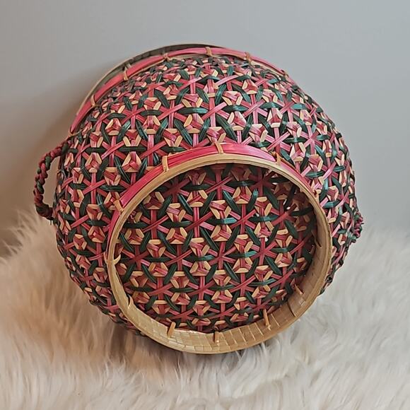 Woven Pink and Green Basket with Lid - Picture 4 of 6